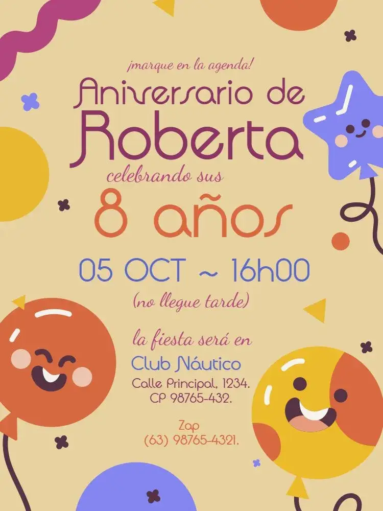 Invitación 8 Años Celebración Divertida – tema Cumpleaños Infantil lúdico, divertido, colores claros, globos, estrellas