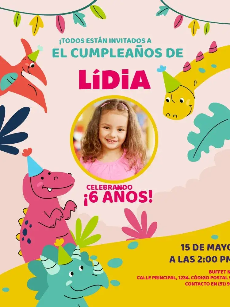 Invitación Dinosaurio Rosa Lúdico – tema Cumpleaños Infantil colorido, lúdico, divertido, moderno, temático, infantil