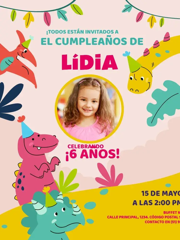 Invitación Dinosaurio Rosa Lúdico