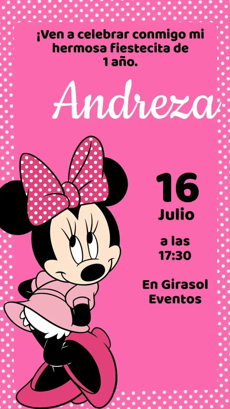 Invitación Invitación Cumpleaños Minnie Rosa – tema Cumpleaños Infantil rosa, rojo, poá, Disney, princesa, moderno