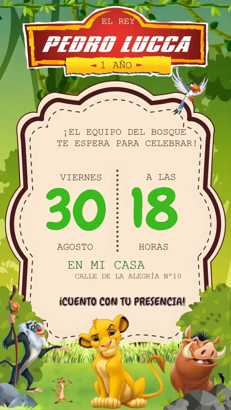 Invitación El Rey León Pumba – tema Cumpleaños Infantil colores vibrantes, estilo divertido, elementos de la selva, ilustraciones lúdicas, diseño temático, ambiente alegre