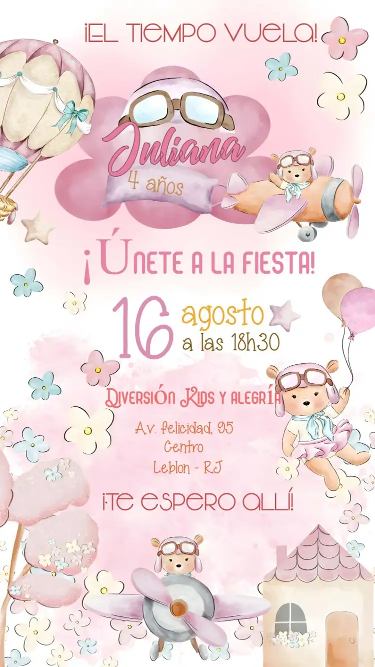Invitación El Tiempo Vuela Rosa – tema Baby Shower rosa, acuarela, infantil, lúdico, delicado, soñador