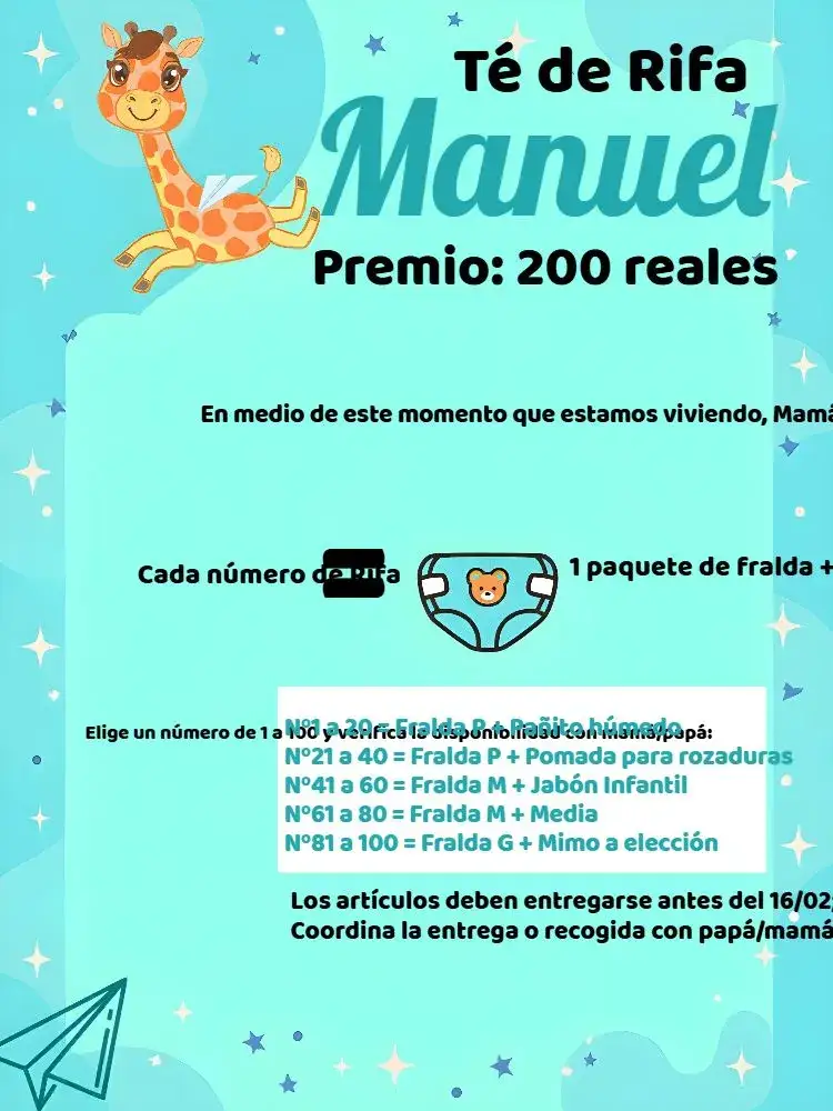 Invitación Té Rifa Jirafita Blanca – tema Té Rifa azul claro, blanco, lúdico, infantil, moderno, temático