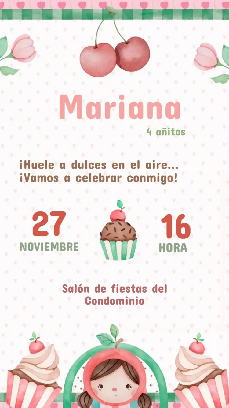Invitación Cumpleaños Infantil Cerezita del Pastel