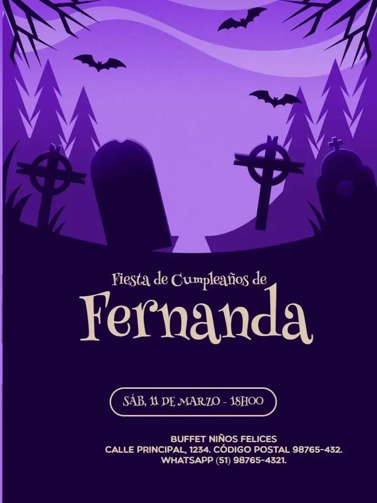 Invitación Bosque de Vampiros Púrpura – tema Cumpleaños Infantil vampiro, bosque, púrpura, lúdico, fantasía, temática