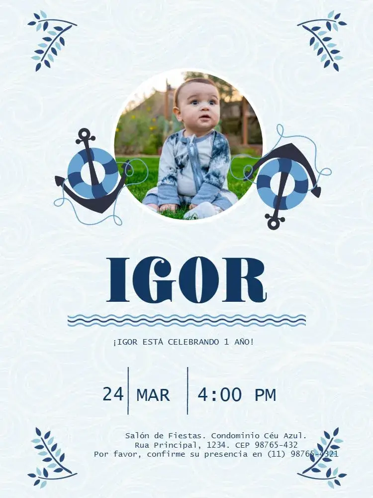 Invitación Infantil De 1 Año Fiesta Marinero