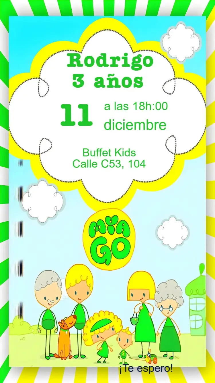 Invitación Mia Go – tema Cumpleaños Infantil colorido, divertido, moderno, temático, jovial, lúdico