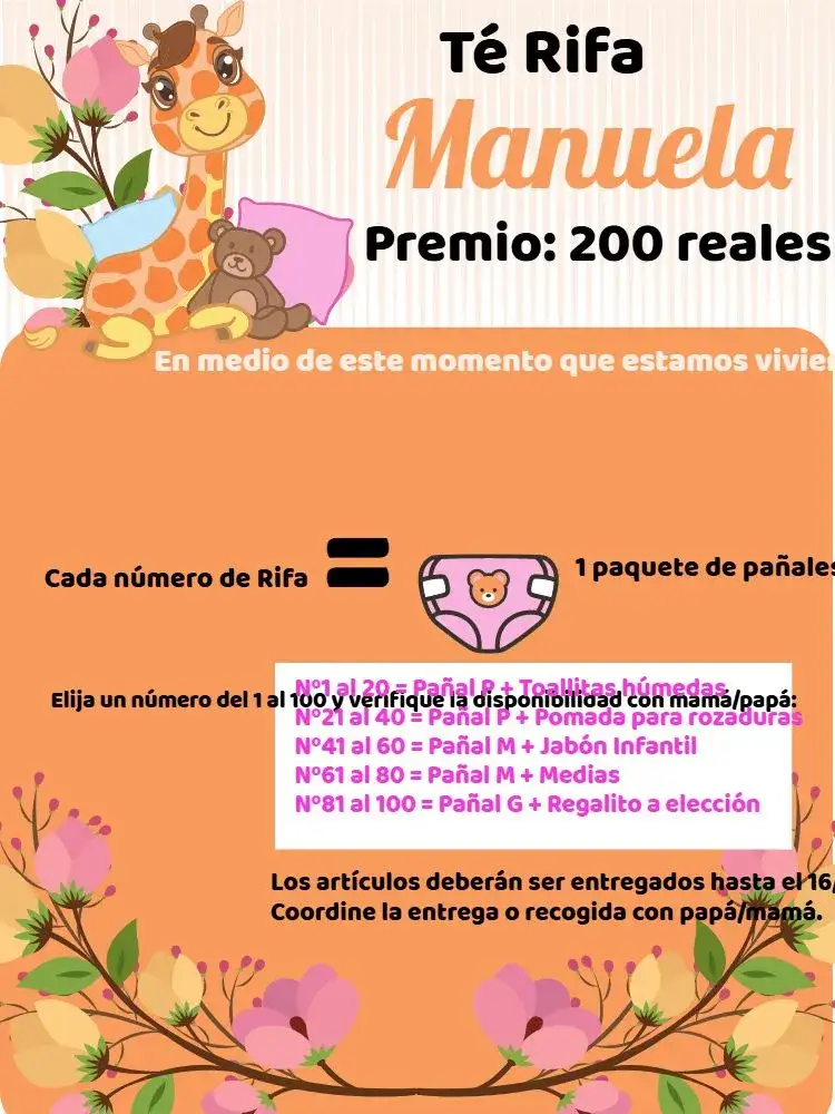 Invitación Té Rifa Jirafita Flores – tema Té Rifa floral, colorido, infantil, alegre, moderno