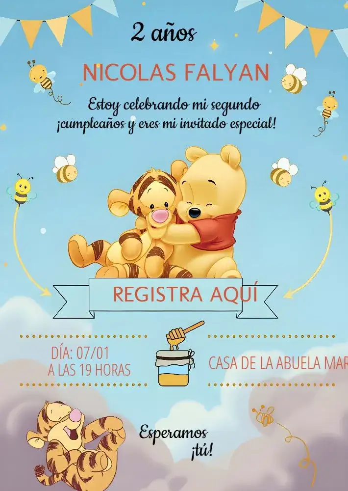Invitación Oso Pooh Infantil – tema Más buscados colorido, lúdico, infantil, divertido, animales, temático