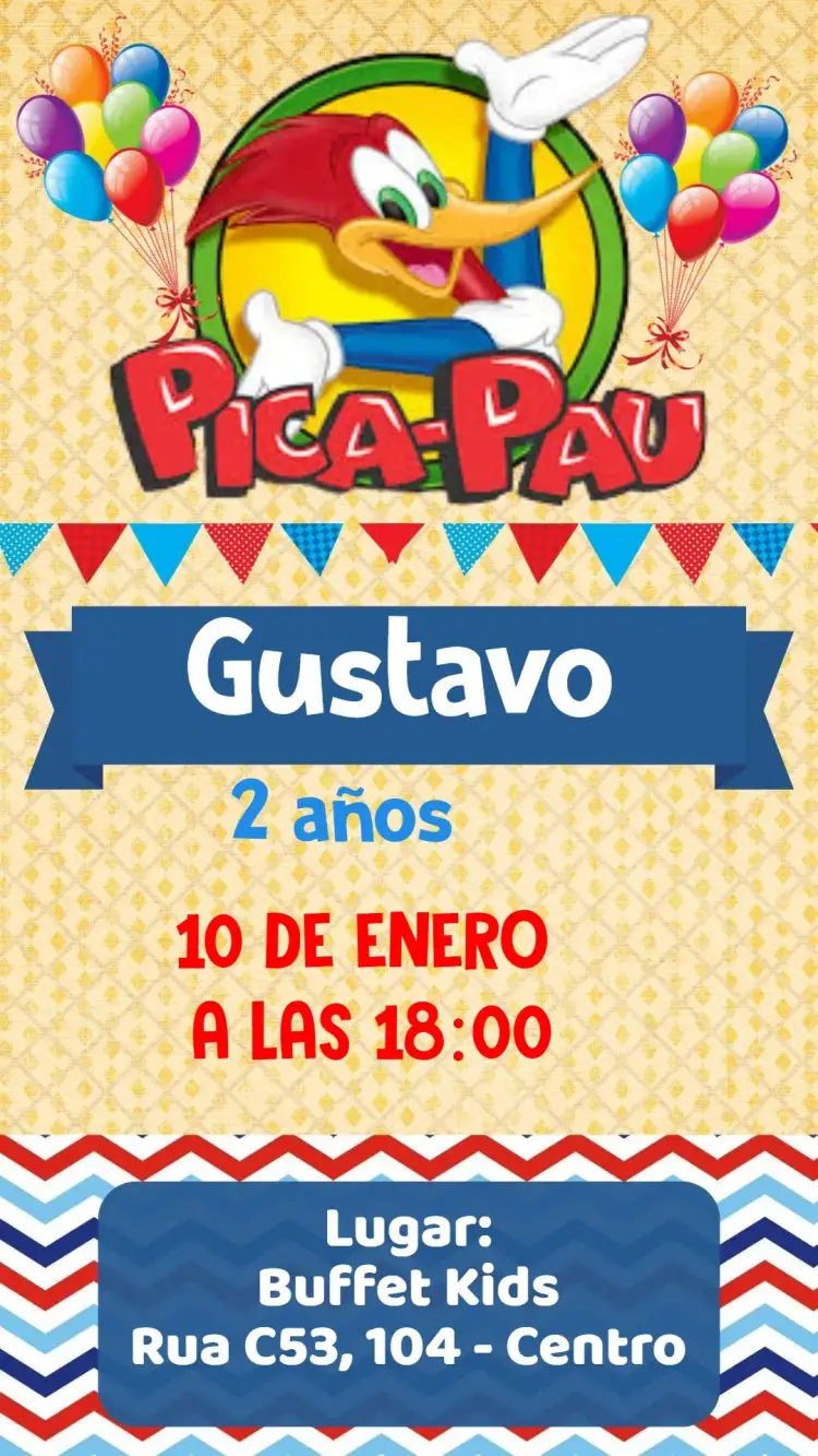 Invitación Pica Pau – tema Cumpleaños Infantil colorido, divertido, lúdico, infantil, temático, alegre