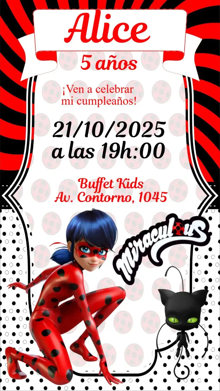 Invitación Miracolous – tema Cumpleaños Infantil colores vibrantes, estilo moderno, elementos gráficos divertidos, temática de superhéroes, inspirado en dibujos animados, diseño alegre