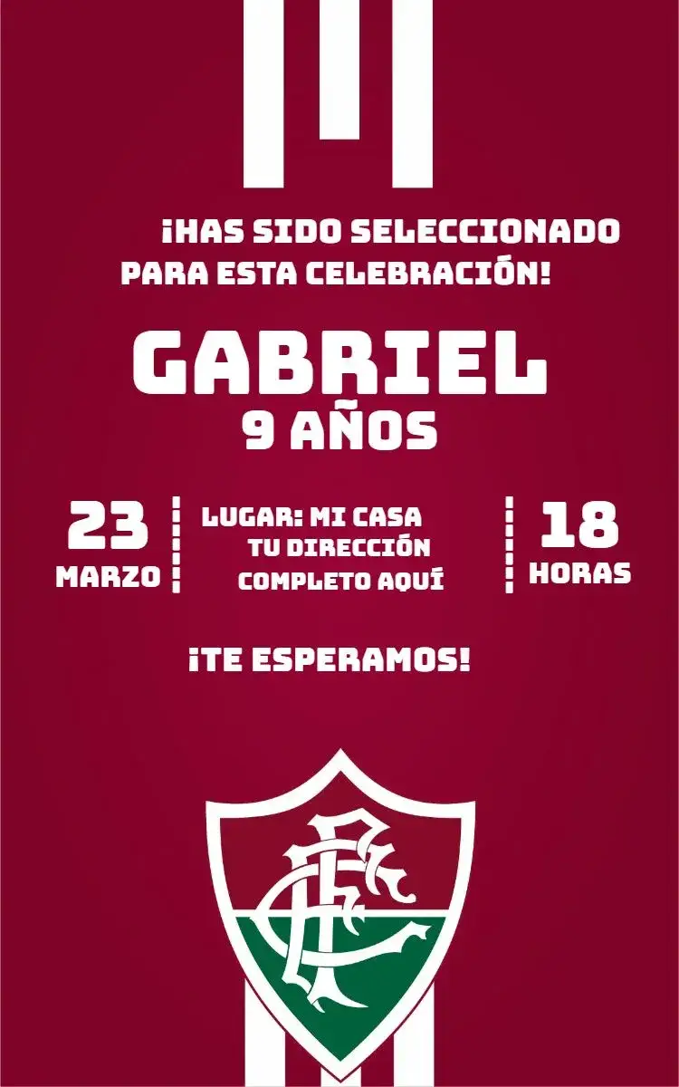 Invitación Fluminense 3 – tema Cumpleaños fútbol, moderno, vibrante, deportivo, divertido, temático