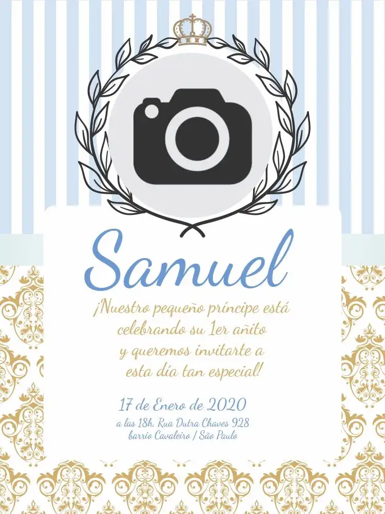 Invitación Príncipe Dorado Pequeño – tema Baby Shower dorado, azul, infantil, elegante, lúdico, moderno