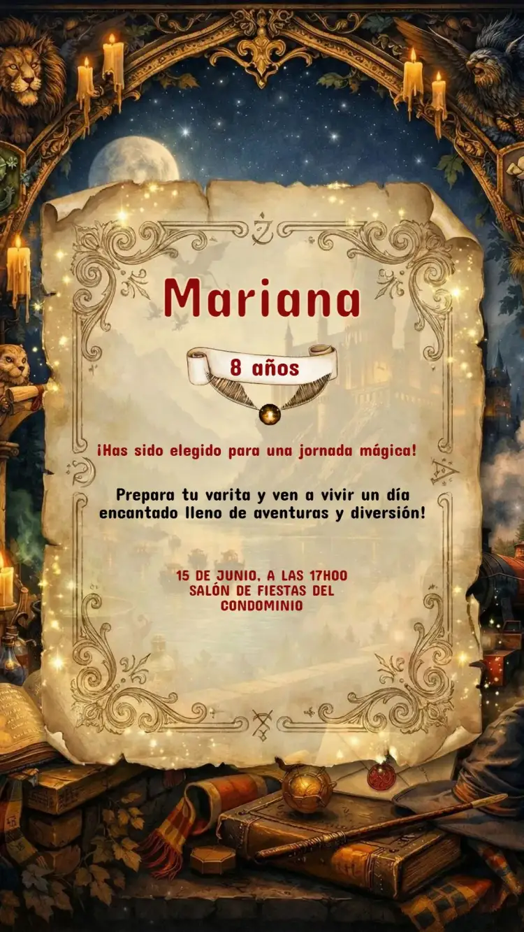 Invitación Invitación Cumpleaños Infantil Harry Potter – tema Cumpleaños Infantil mágico, fantasía, vintage, colorido, ilustrativo, divertido