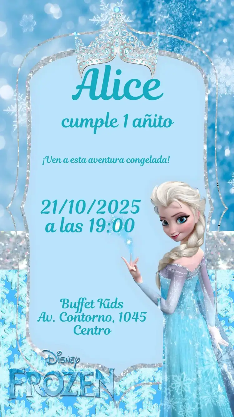 Invitación Frozen – tema Cumpleaños Infantil colores fríos, elementos de invierno, estilo lúdico, visual encantador, detalles mágicos, inspirado en cuentos de hadas