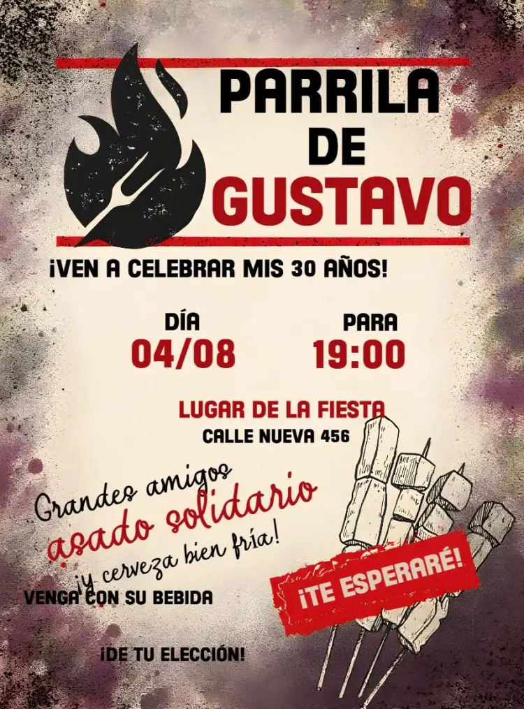 Invitación Barbacoa Churrascaria editable y personalizable