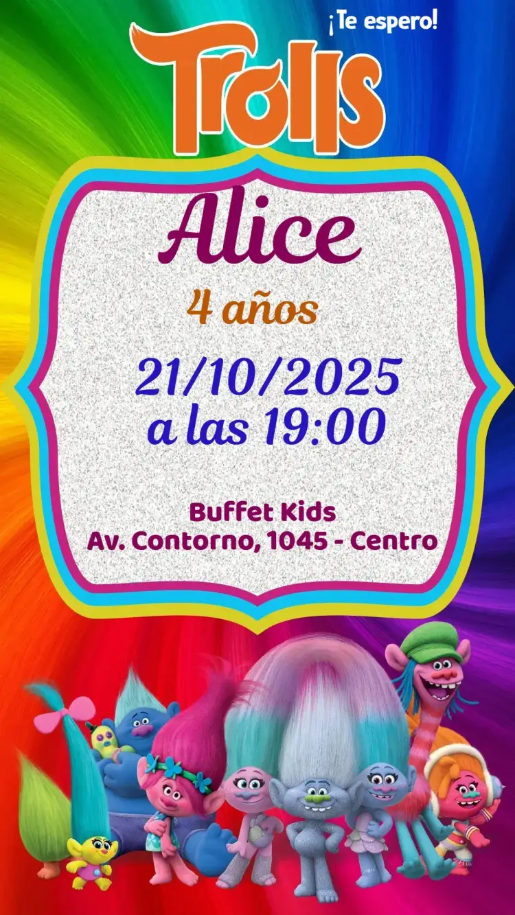Invitación Trolls – tema Cumpleaños Infantil colorido, divertido, lúdico, temático, vibrante