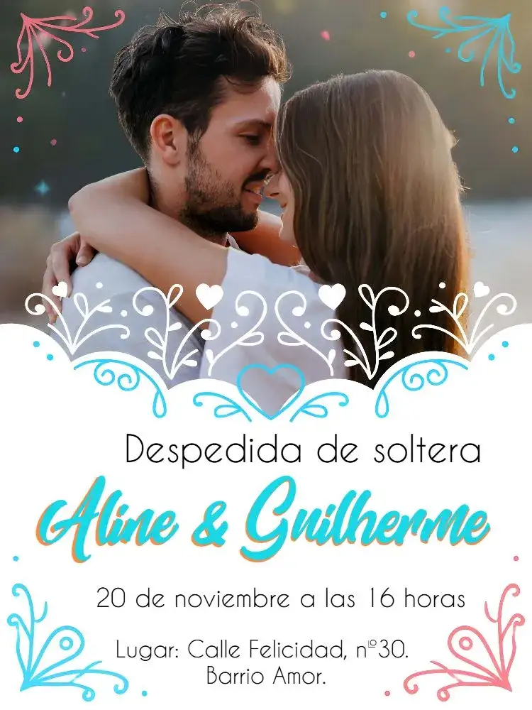 Invitación Despedida de soltera con foto de los novios – tema Despedida de Soltera minimalista, romántico, moderno, clean, azul serenidad, blanco