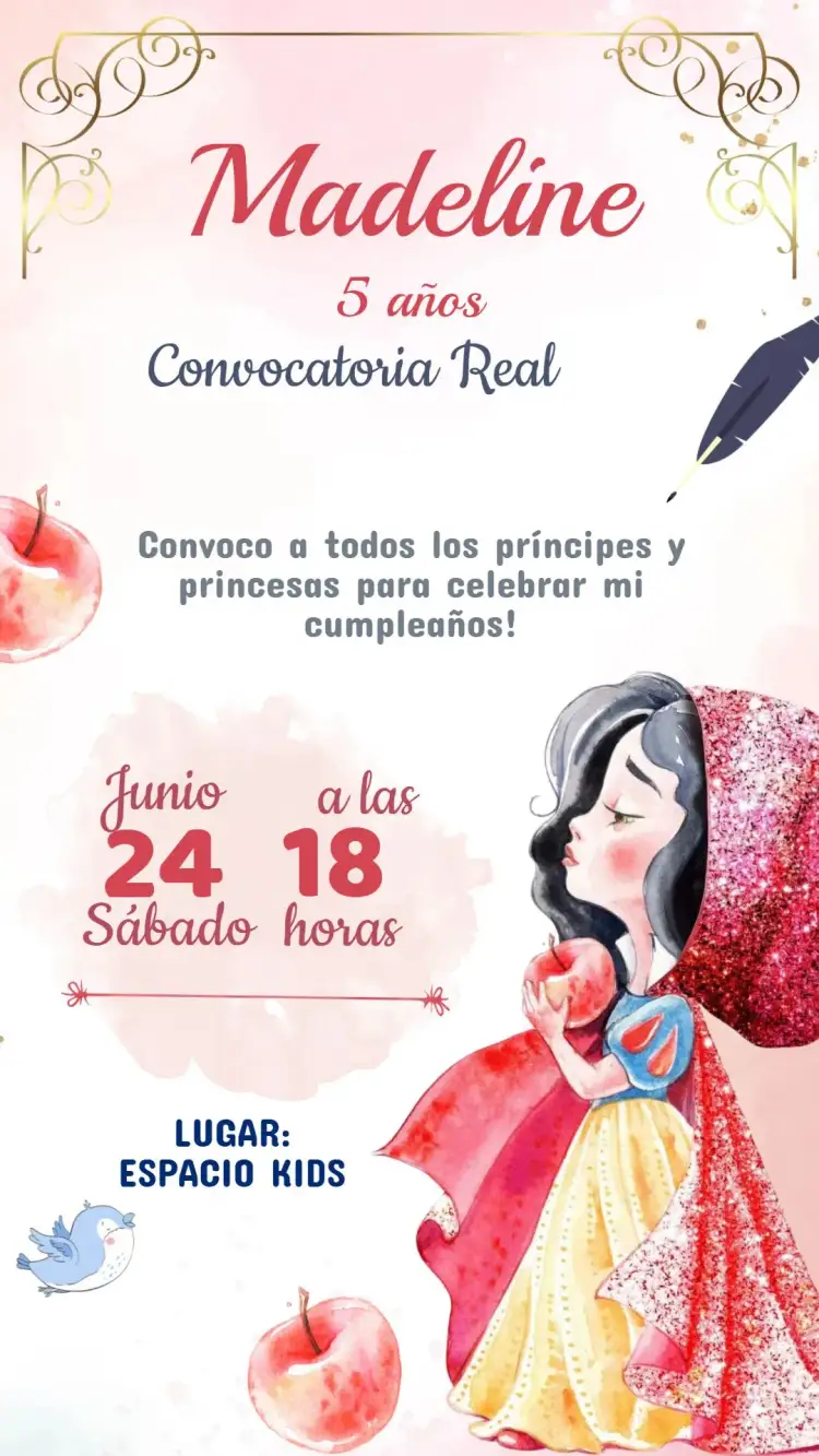 Invitación Invitación Cumpleaños Blancanieves – tema Cumpleaños Infantil colores vibrantes, temática de cuentos de hadas, elementos gráficos de princesas, estilo lúdico, diseño encantador