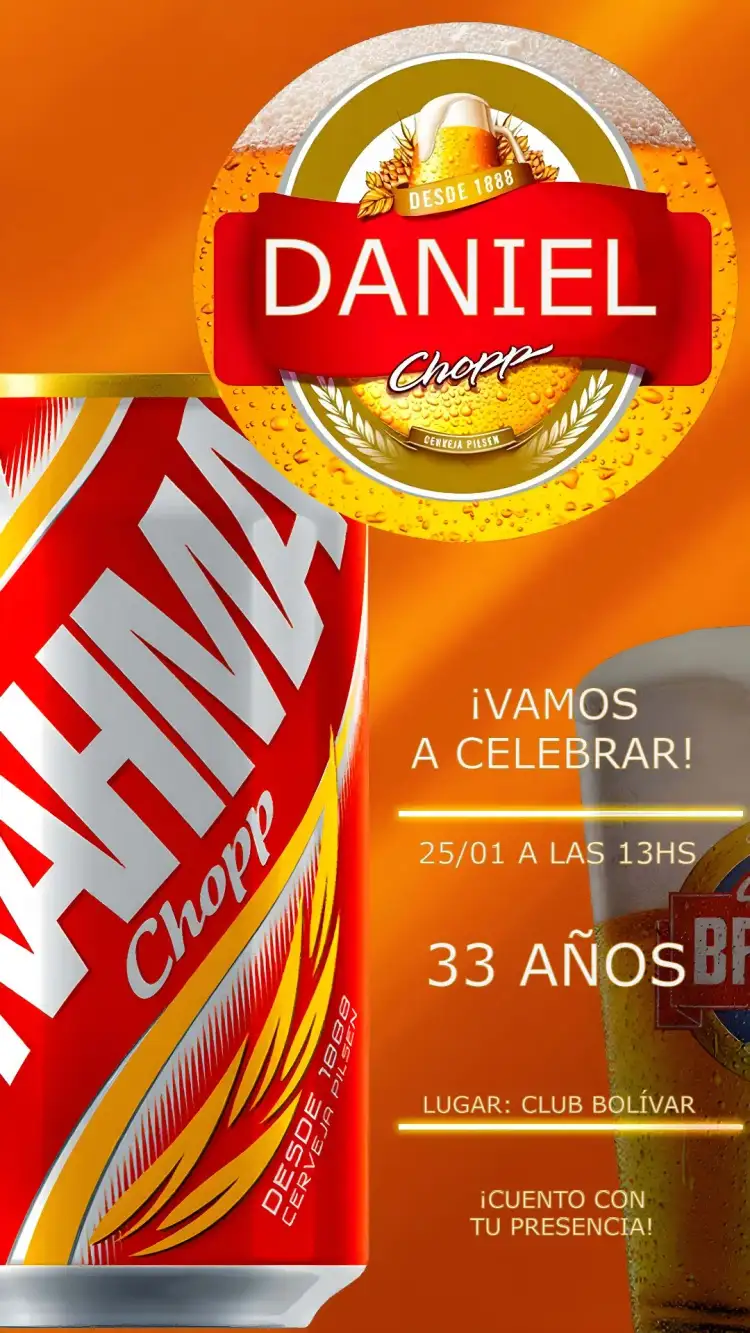 Invitación Brahma Cerveza Adulto – tema Cumpleaños rojo, bar, relajado, moderno, vintage