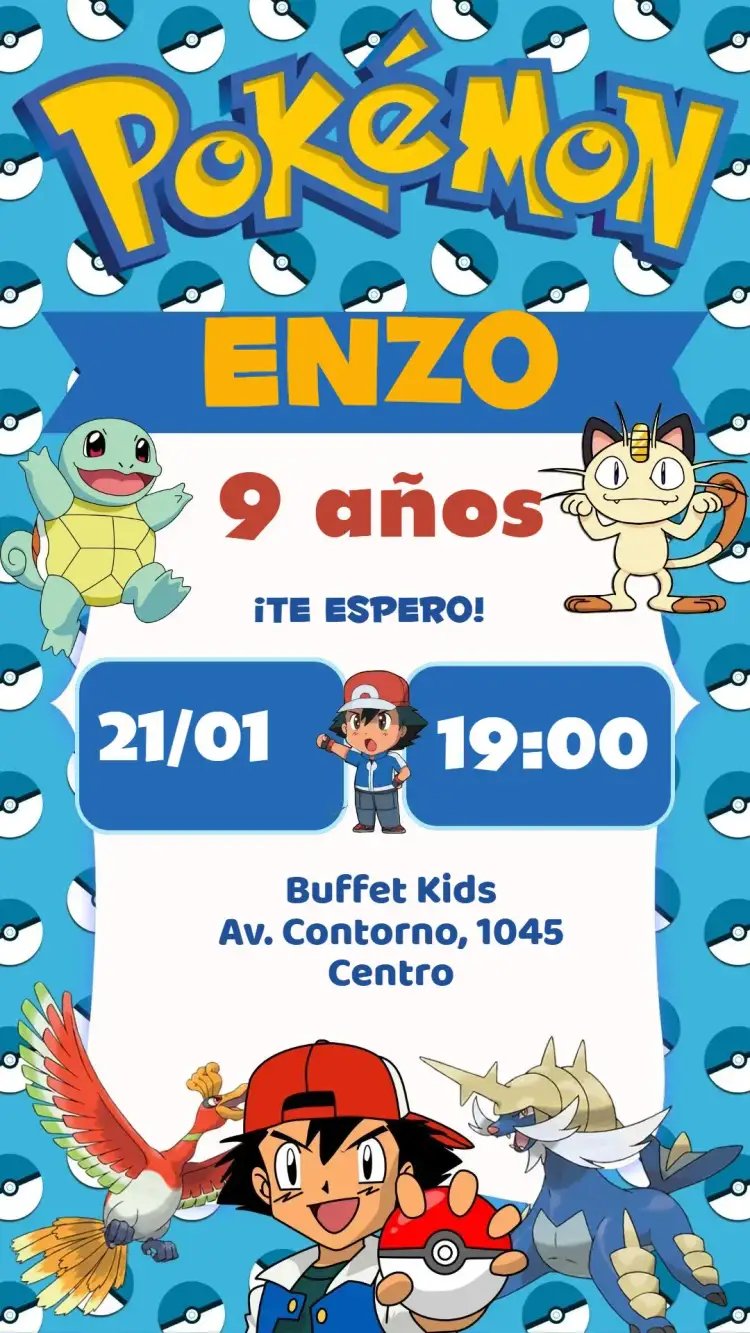 Invitación Pokémon – tema Cumpleaños Infantil colorido, lúdico, moderno, jovial, temático