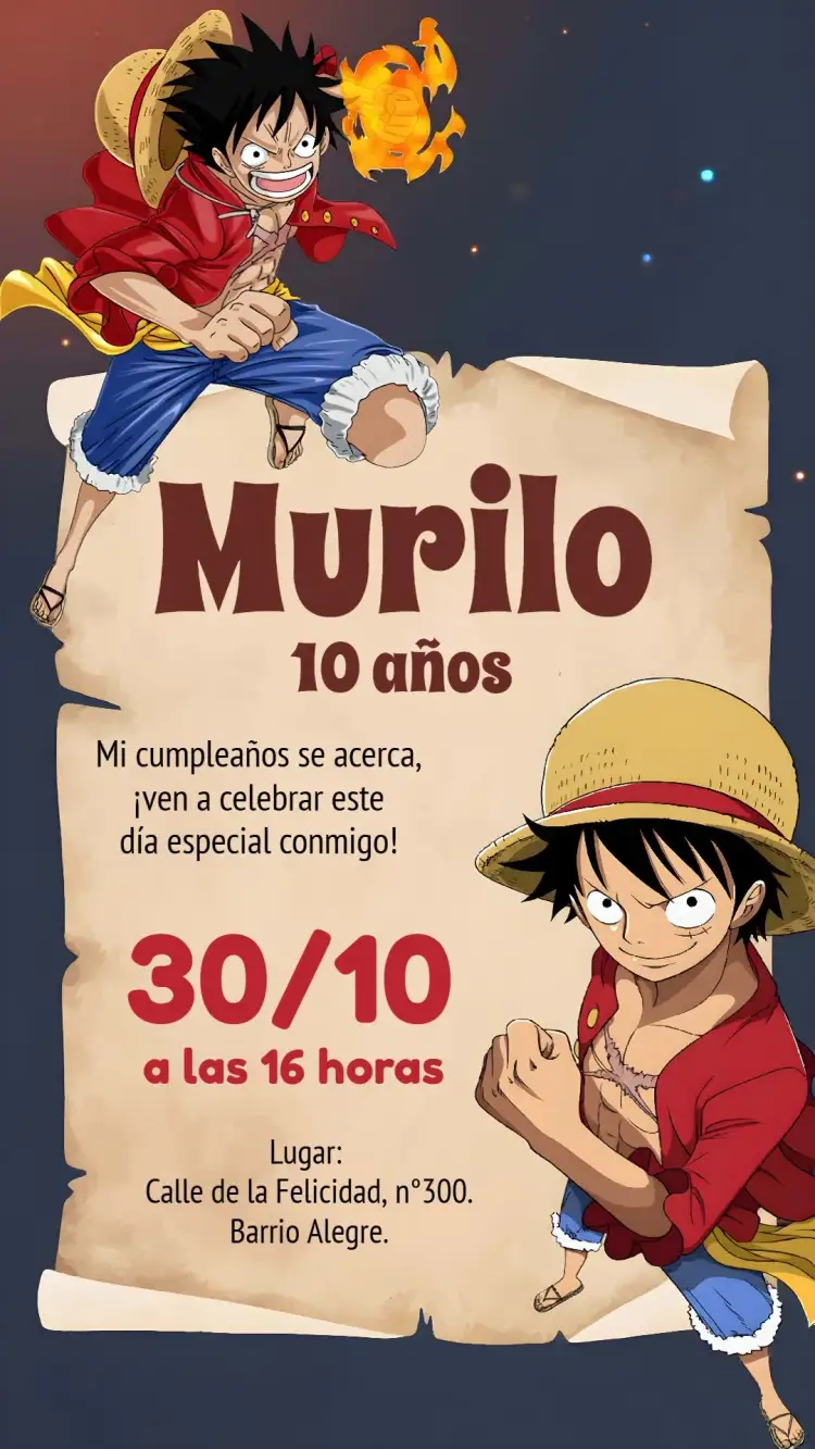 Invitación One Piece Luffy – tema Más buscados colorido, aventura, anime, joven, divertido