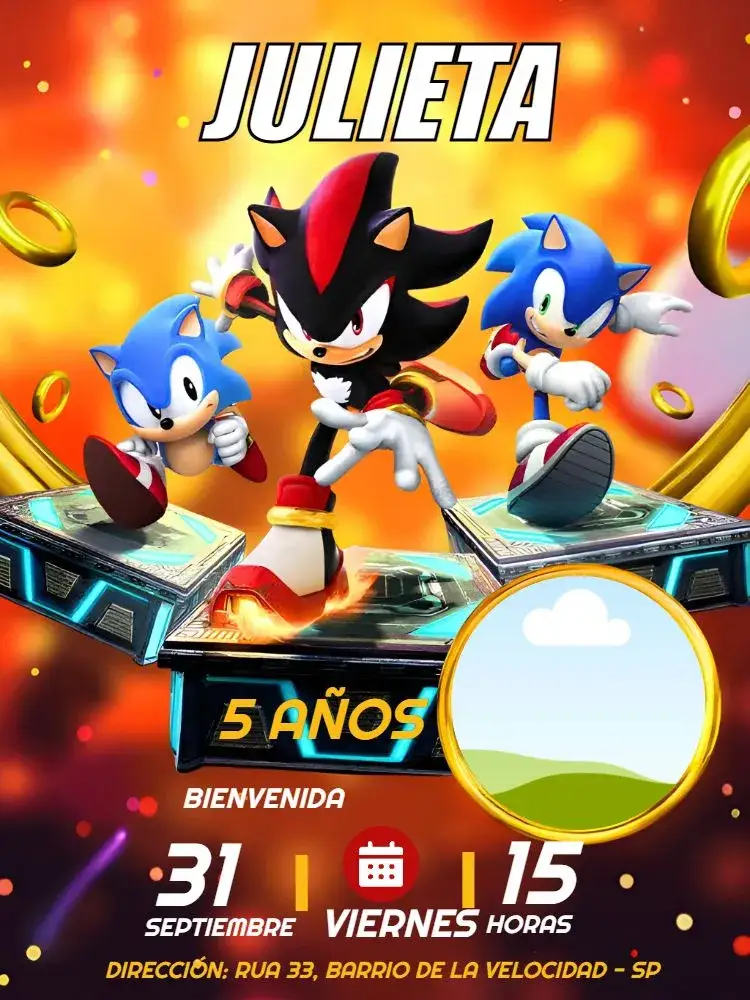 Invitación Shadow Y Sonic Con Foto Amarillo – tema Cumpleaños Infantil colorido, temático, juegos, ilustraciones animadas, divertido, moderno