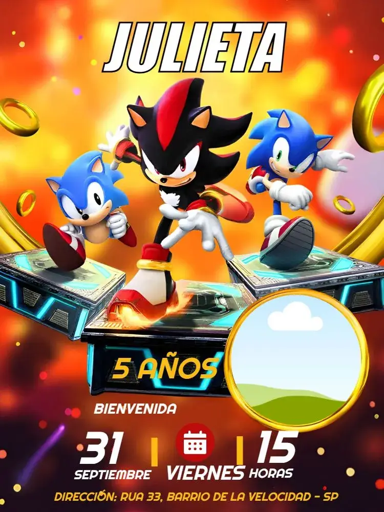 Invitación Shadow Y Sonic Con Foto Amarillo