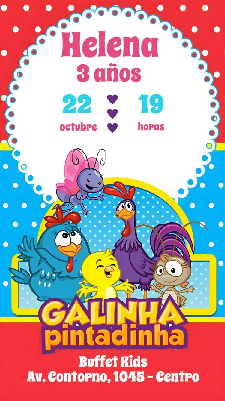 Invitación Gallina Pintadita – tema Cumpleaños Infantil colorido, divertido, temático, ilustrativo, infantil
