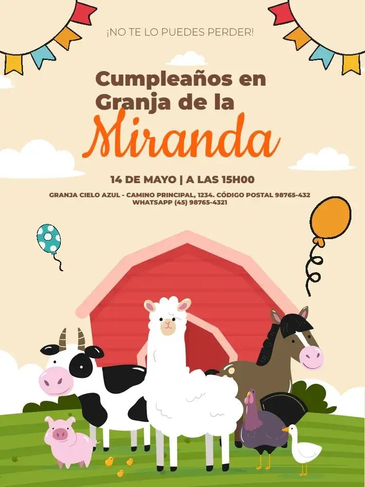 Invitación Granja Colorida Bandera – tema Cumpleaños Infantil colorido, rural, infantil, divertido, temático, vibrante