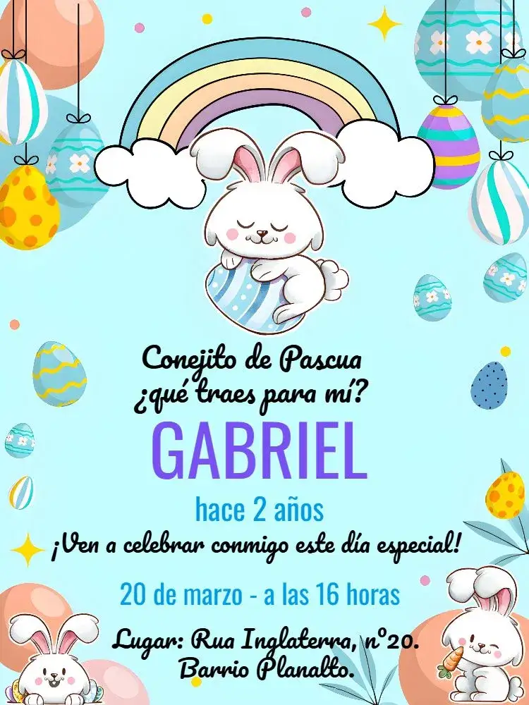 Invitación Pascua Caza – tema Fechas Conmemorativas colorido, divertido, infantil, pascua, ilustraciones de conejos, elementos festivos