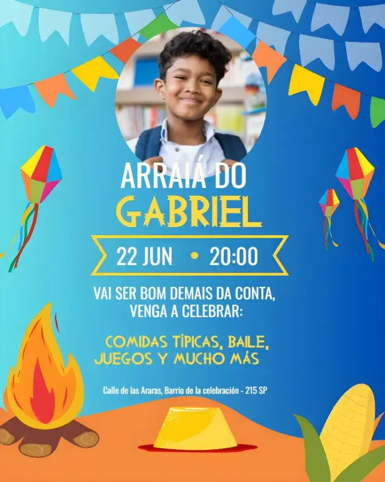 Invitación Arraiá San Juan Con Foto Globos – tema Fechas Conmemorativas colorido, festivo, junino, vibrante, alegre, temático