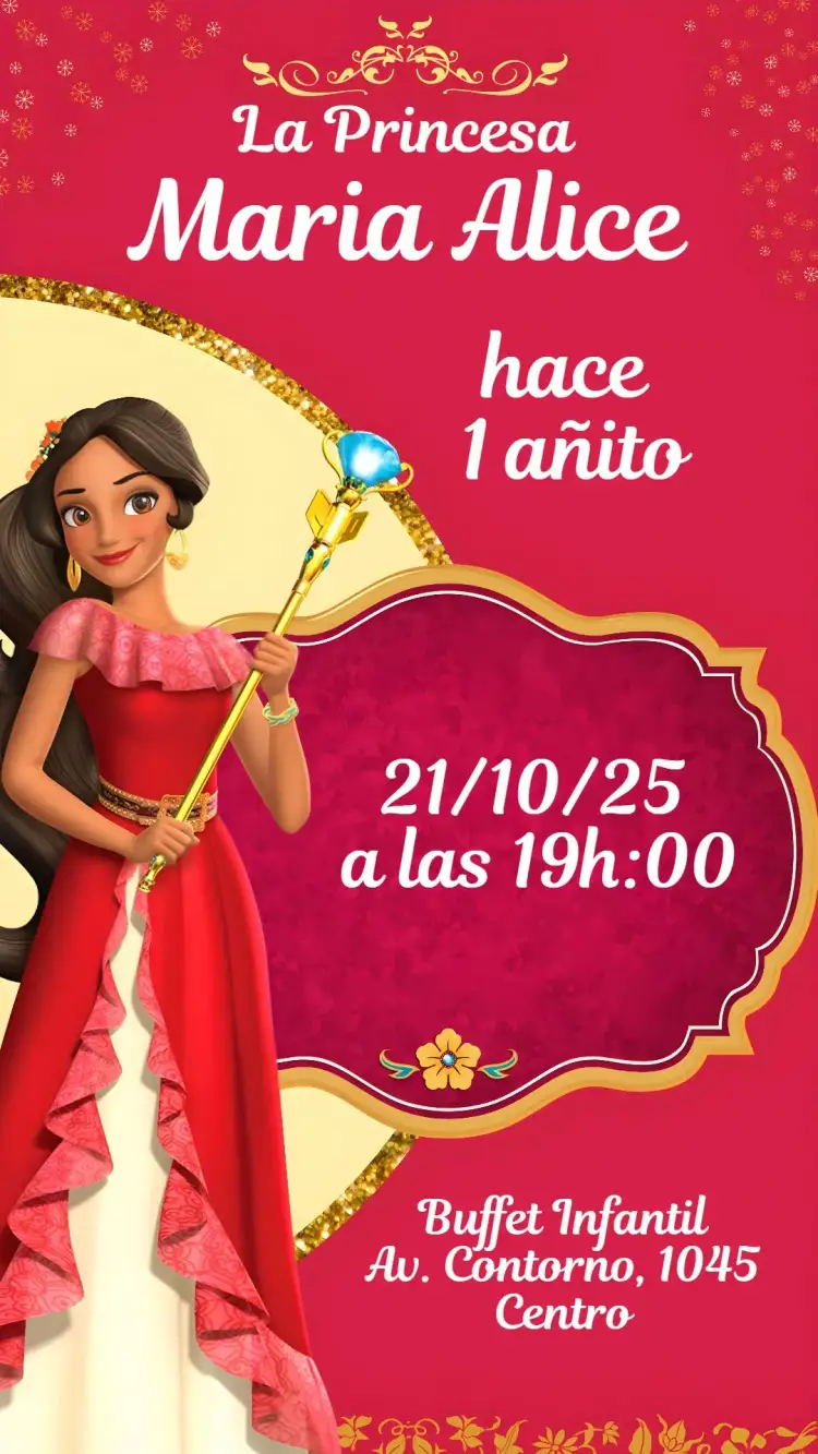 Invitación Elena de Avalor – tema Cumpleaños Infantil colores vibrantes, temática de princesa, ilustraciones encantadoras, elementos mágicos, diseño infantil, estilo divertido