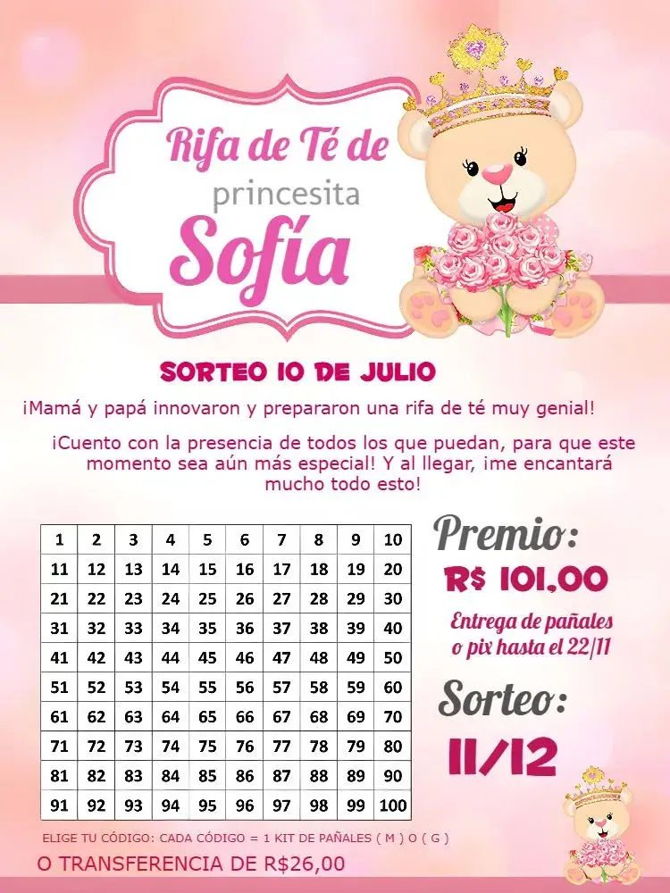 Invitación Té Rifa Osita Globos Princesa