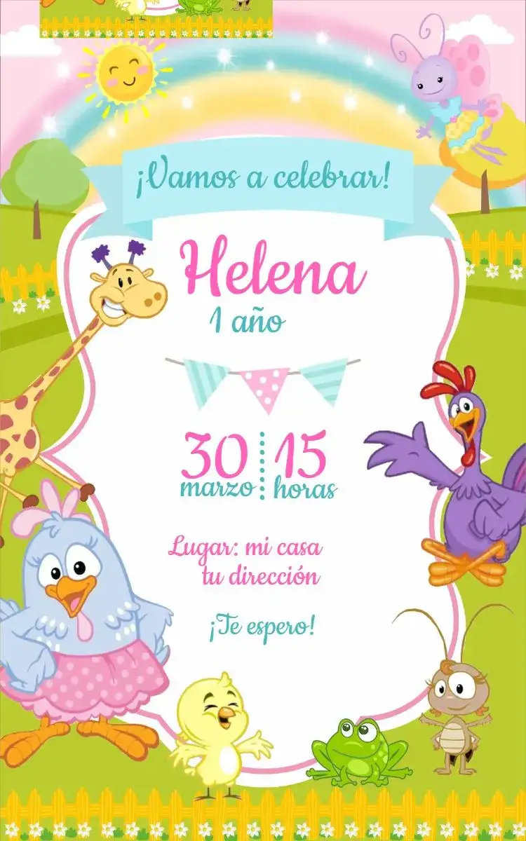 Invitación Gallina Pintadita 1 – tema Cumpleaños color dulce, colorido, divertido, infantil, lúdico