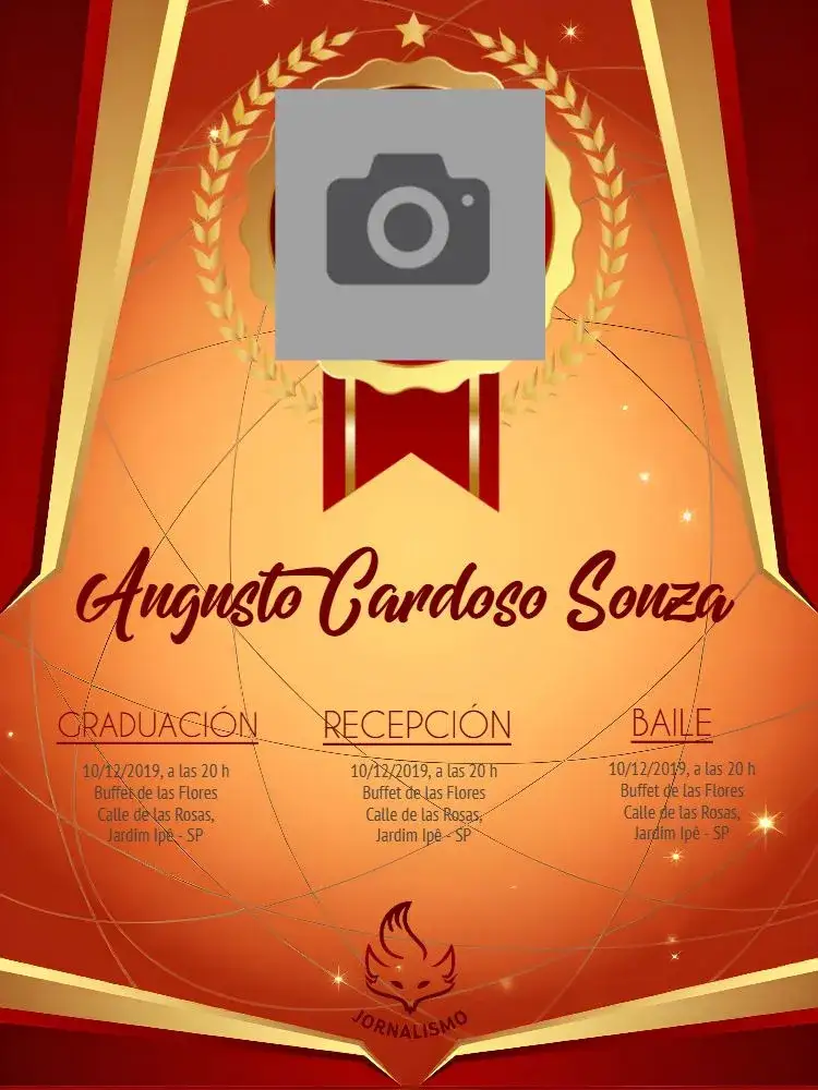 Invitación Graduación Periodismo Con Foto Periodista – tema Graduación rojo, dorado, moderno, elegante, periodismo, minimalista