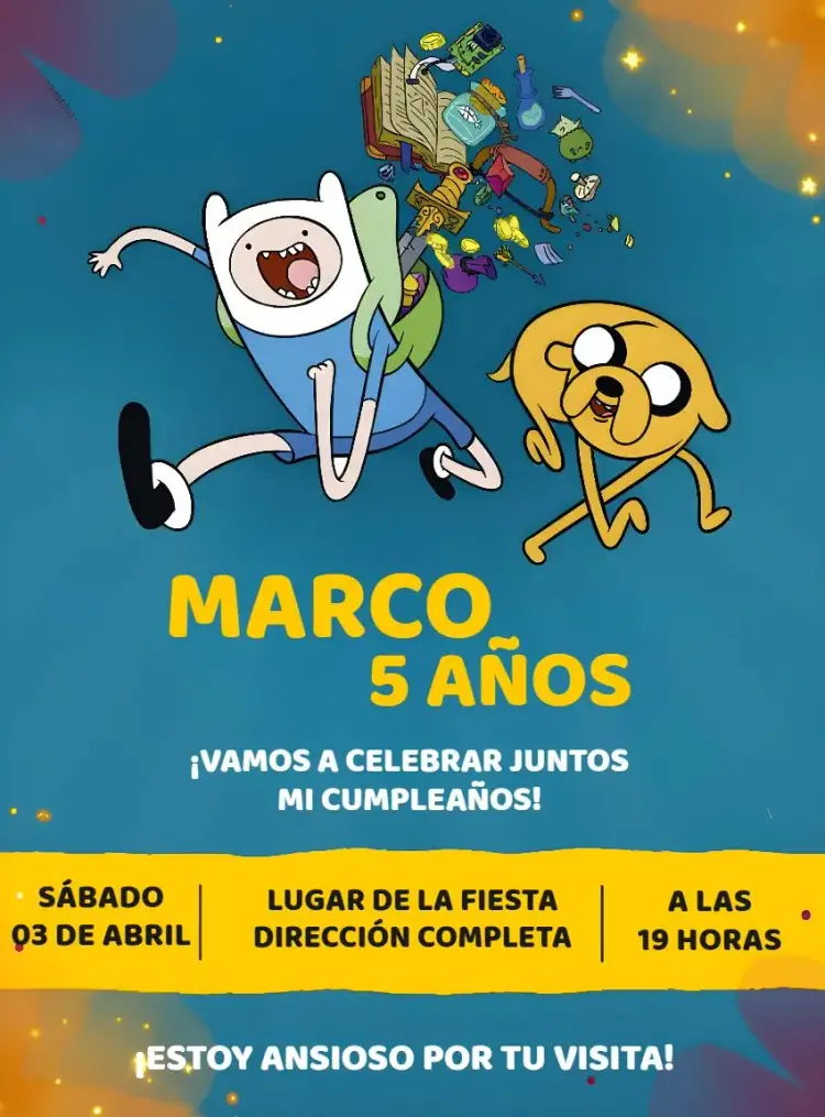 Invitación Hora De La Aventura Azul – tema Más buscados azul, amarillo, divertido, aventura, ilustraciones infantiles, colorido