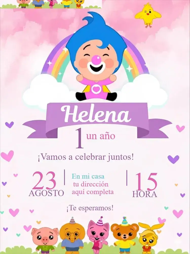 Invitación Plim Plim Menina 1 – tema Cumpleaños colorido, infantil, divertido, rosa, festivo