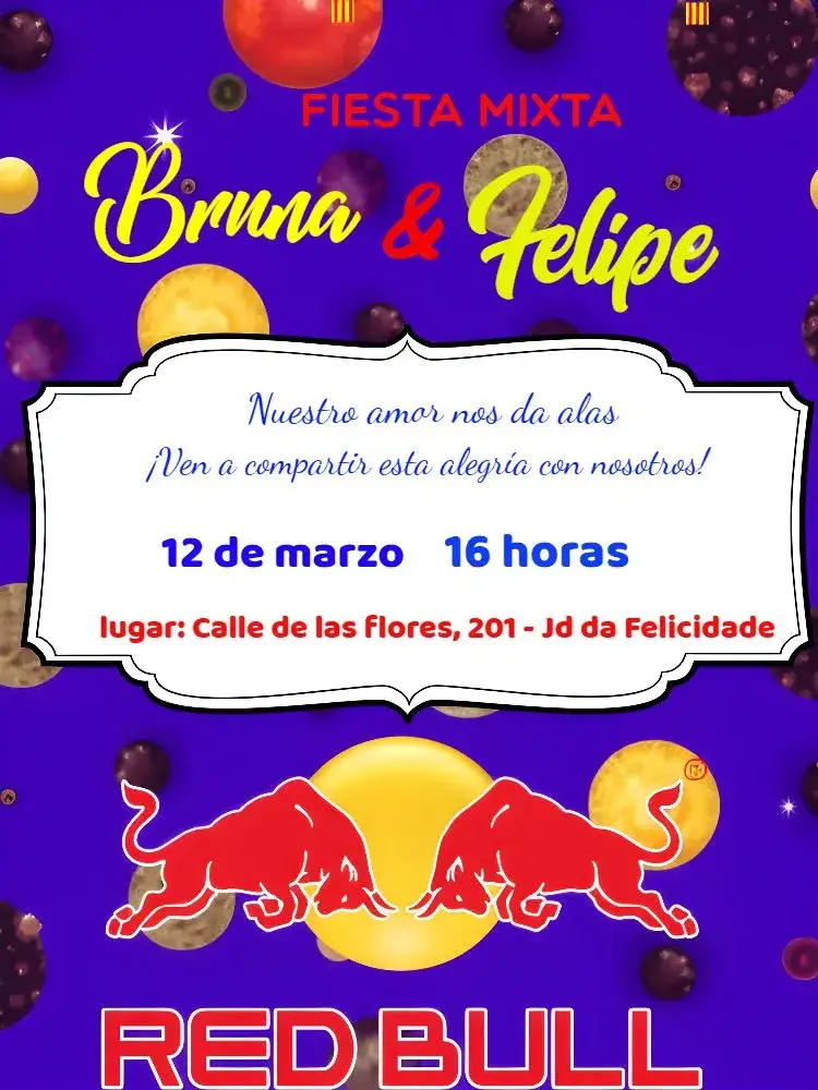Invitación Chá Bar Red Bull Touro – tema Despedida de Soltera moderno, colorido, temático, divertido, esportivo