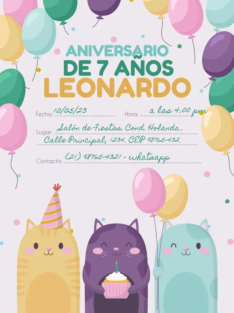 Invitación 7 Años Gatitos Coloridos