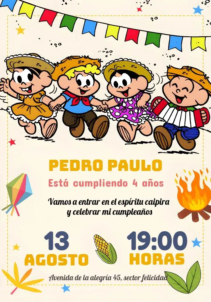 Invitación Turma Da Mônica Arraiá Junina – tema Cumpleaños Infantil colorido, junino, divertido, infantil, temático, vibrante