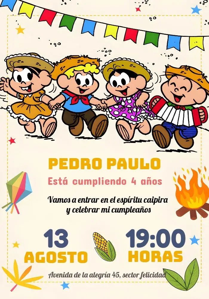 Invitación Turma Da Mônica Arraiá Junina editable y personalizable