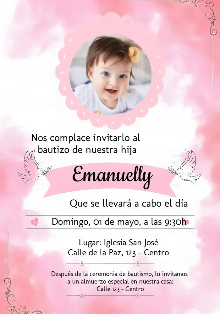 Invitación Presentación Niña Con Foto Bautismo – tema Bautismo floral, delicado, rosa y blanco, elegante, infantil, romántico