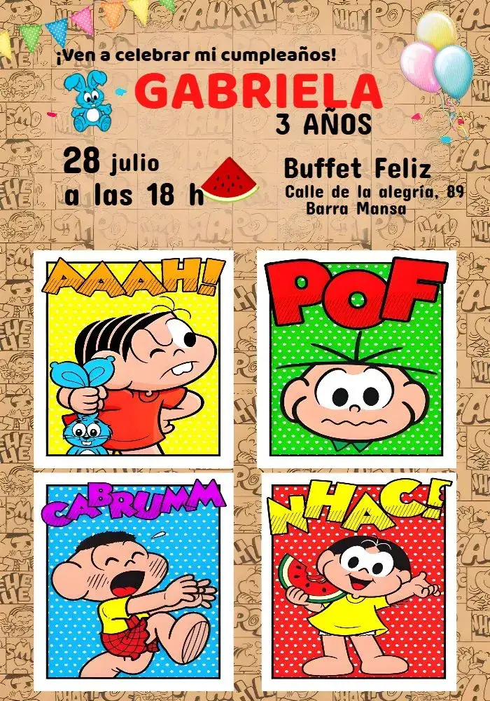 Invitación Turma Da Mónica – tema Cumpleaños Infantil historieta, festivo, cómic