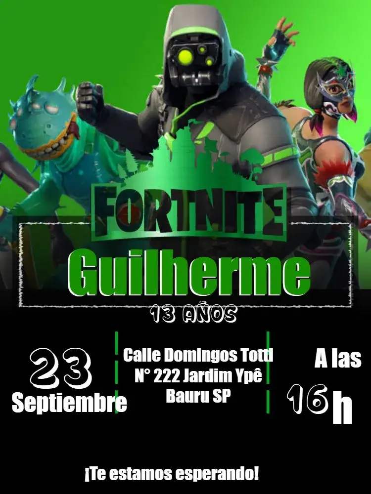 Invitación Fortnite Verde – tema Más buscados colorido, moderno, temático, juegos, diversión