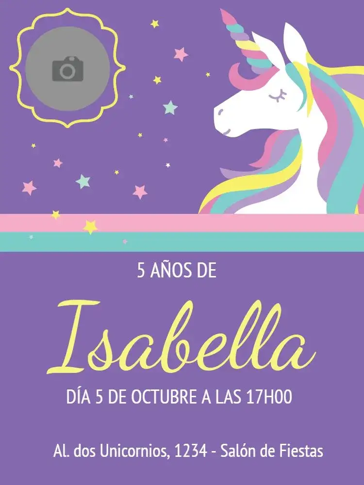 Invitación Fiesta – tema Cumpleaños Infantil unicornio, lila, estrella, infantil, magico, colorido