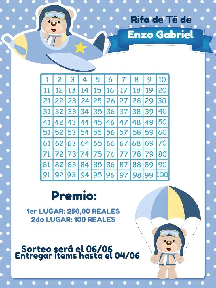 Invitación Té Rifa Osito Aviador Cha – tema Té Rifa aviador, infantil, azul y amarillo, oso de peluche, divertido, moderno