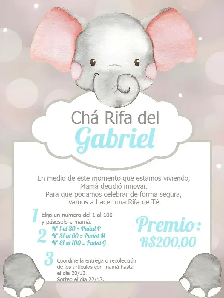 Invitación Chá Rifa Elefantito Bebé – tema Té Rifa safari, elegante, moderno, juguetón, ligero, minimalista