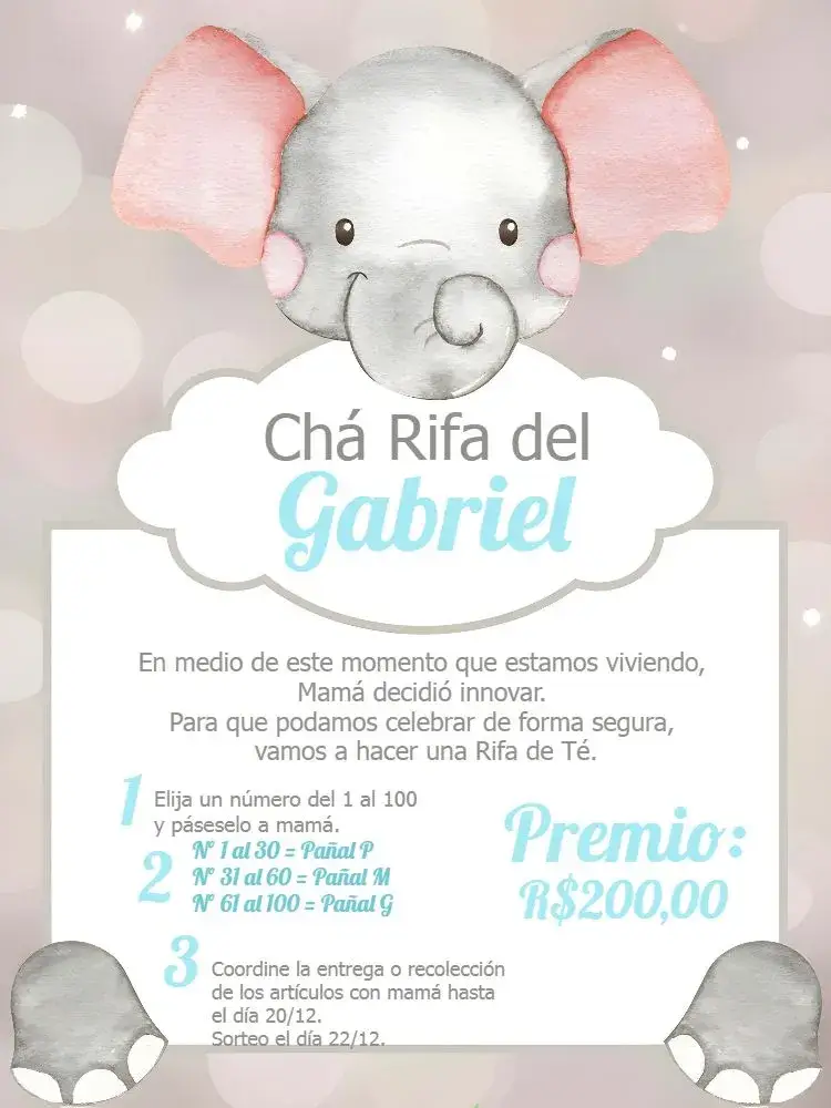 Invitación Chá Rifa Elefantito Bebé