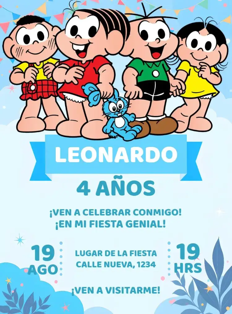 Invitación Turma Da Mónica Chico – tema Cumpleaños Infantil azul, divertido, infantil, colorido, temático